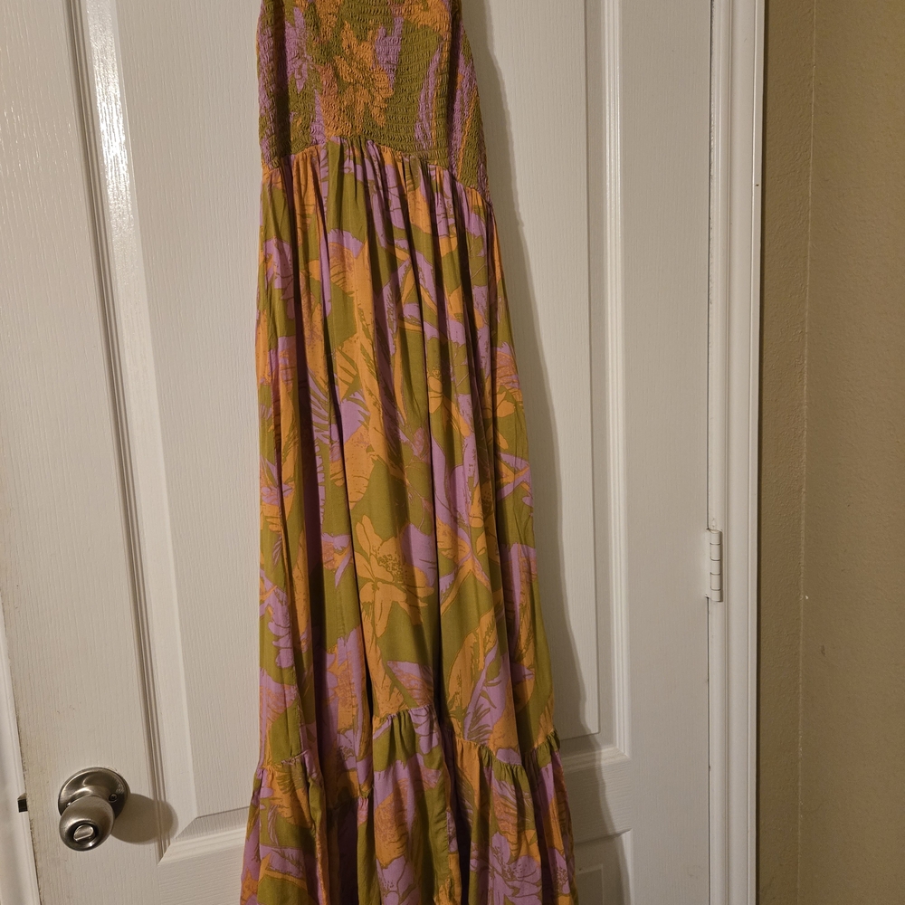 Intimately Free People Green Pink And Orange Ruffled Tiered Maxi Dress